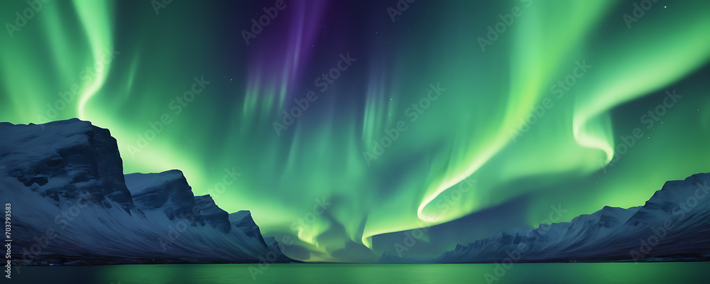 Abstract representation of the Northern Lights with rippling patterns in shades of green, blue, and violet, creating a magical and captivating background.