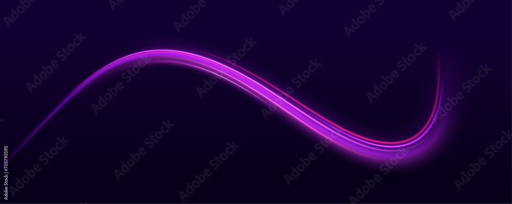 Colored shiny sparks of spiral wave. Curved bright speed line swirls. Vector vortex wake effect. Electric swirl lines, neon light effect. Abstract magic energy waves. - obrazy, fototapety, plakaty 