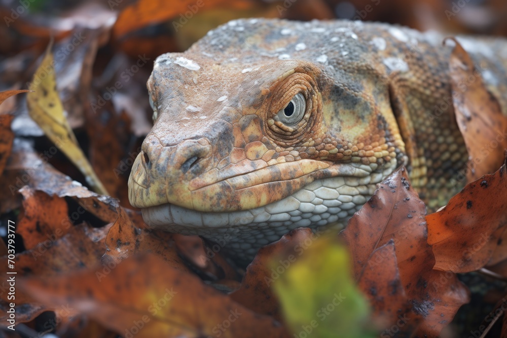 komodo camouflaged in foliage with prey in grasp