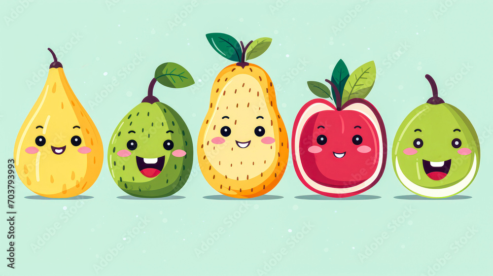 Cute cartoon fruits set. Kawaii characters emoji fruit, apple, peach, orange, pear and lemon, 3d style. Funny emotion food illustration for phone case, kids, package, sticker, patch - obrazy, fototapety, plakaty 