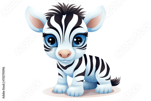 Cute 3D amusing little zebra with big eyes kids cartoon illustration isolated. Funny lovely zebra  hand drawn comic painting for package  postcard  brochure  book  greeting card