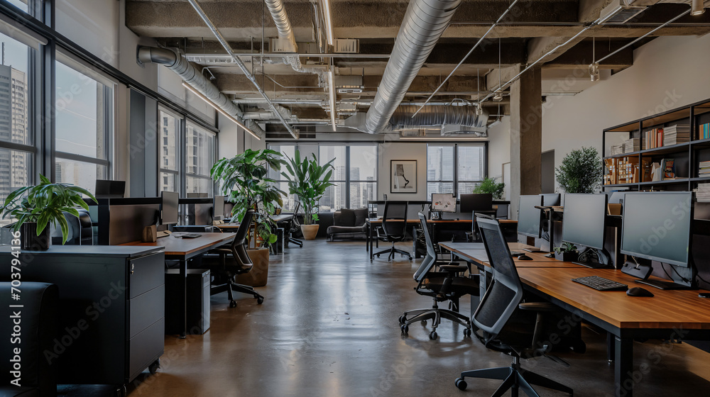 Open-Concept Office with Individual Minimalist Desks Open-Concept Office with Individual Minimalist Desks