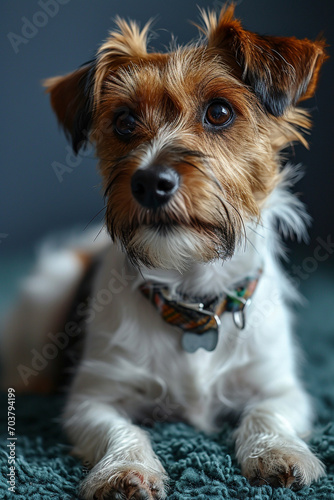 portrait of cute and young jack russell terrier dog at home, in interior