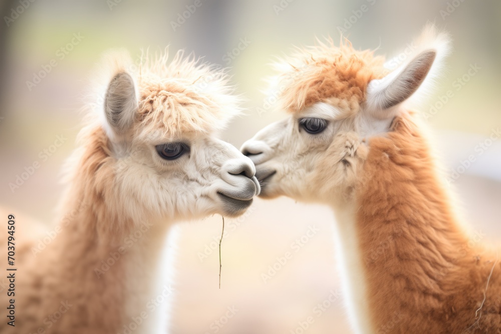 llama pair nuzzling, soft focus