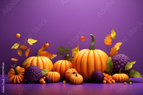 Halloween flat lay composition with pumpkins bony hands spiders bats on purple background Happy 