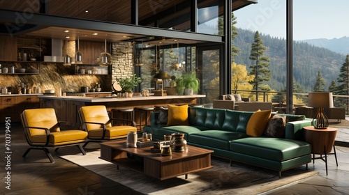 Modern living room interior design with large windows and forest view