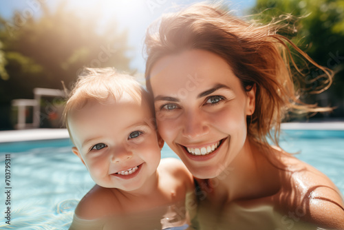 Portrait of smiling mother and her baby in swimming pool in sunny day, happy family summer vacation joyful and optimistic atmosphere. Generative AI © Viktoriia