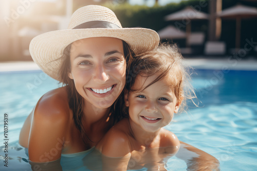 Portrait of smiling mother and her daughter in swimming pool in sunny day, happy family summer vacation joyful and optimistic atmosphere. Generative AI © Viktoriia