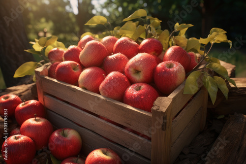 Wooden box with apples in the garden  autumn harvest. AI generative.