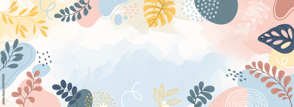Fototapeta premium Design banner frame background .Colorful poster background vector illustration.Exotic plants, branches,art print for beauty, fashion and natural products,wellness, wedding and event.