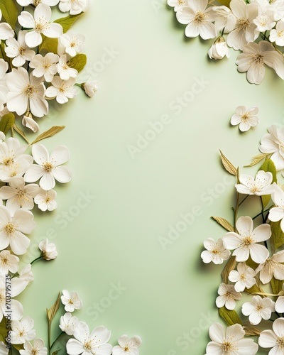 Spring border background with white flowers  flat lay   copy space - generative ai