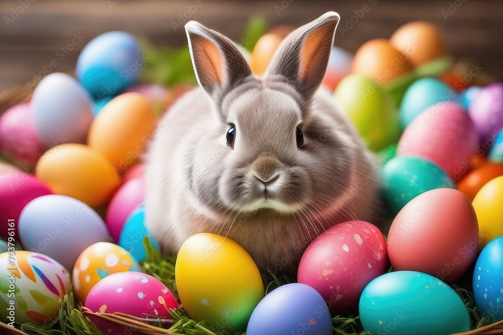 Funny easter concept holiday animal celebration greeting card - Cute little easter bunny, rabbit sitting in many colorful painted esater eggs Funny easter concept holiday animal celebration greeting card - Cute little easter bunny, rabbit sitting in many colorful painted esater eggs