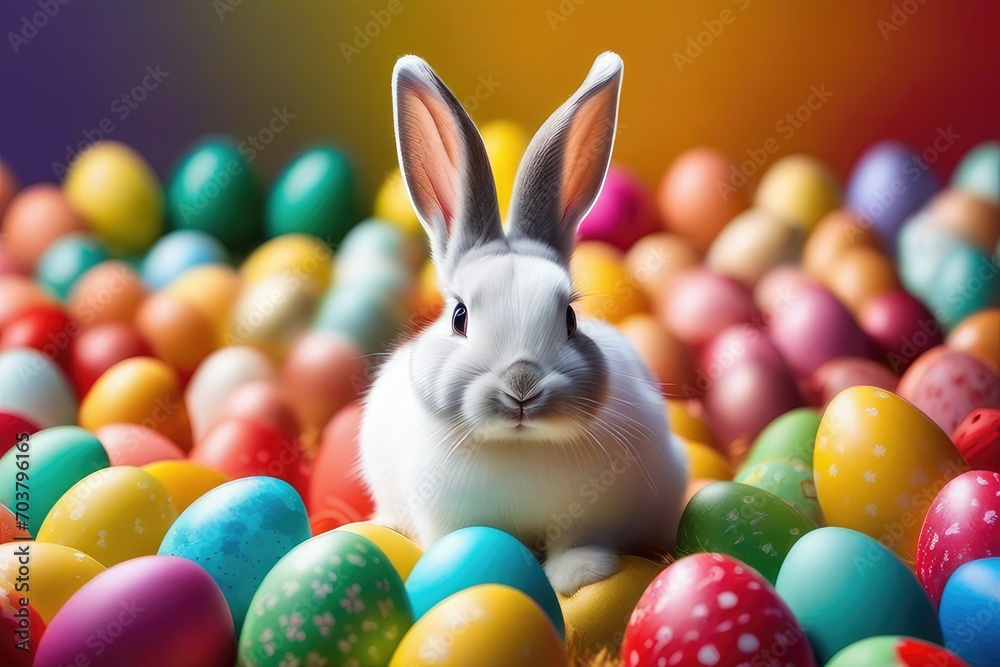 Funny easter concept holiday animal celebration greeting card - Cute little easter bunny, rabbit sitting in many colorful painted esater eggs