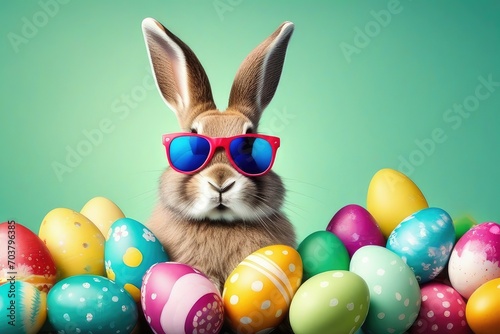 Funny easter concept holiday animal greeting card - Cool Easter bunny with sunglasses and colorful painted easter eggs © ramses