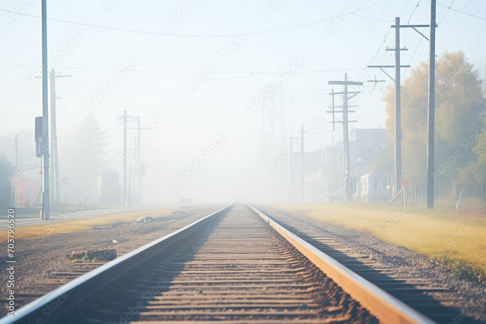 railway tracks leading into foggy distance