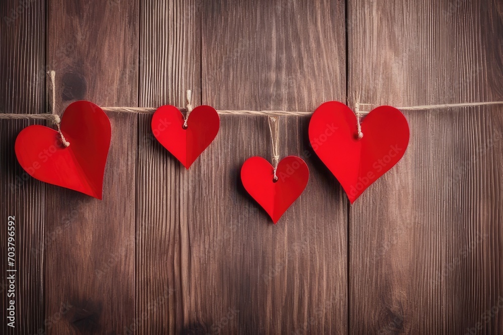Fototapeta premium Happy Valentine's Day, Valentine Love Wedding birthday greeting card background - Closeup of red wooden hearts on wood table texture, flat lay, top view