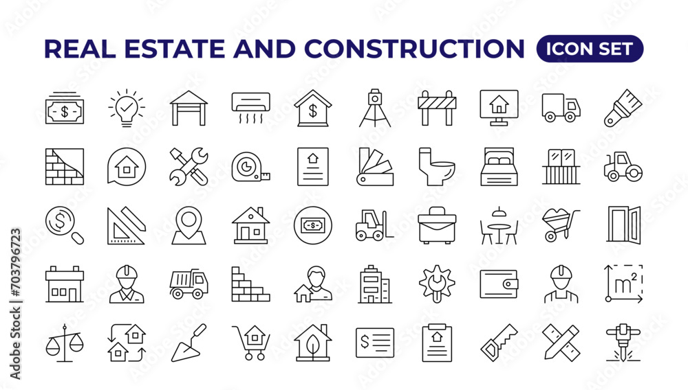 Real Estate and construction icon set. Included the icons as realty, property,  home loan and more. Outline icons collection.