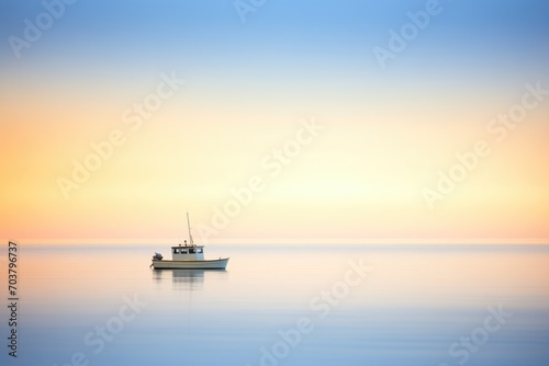 single boat silhouette on calm water at dawn