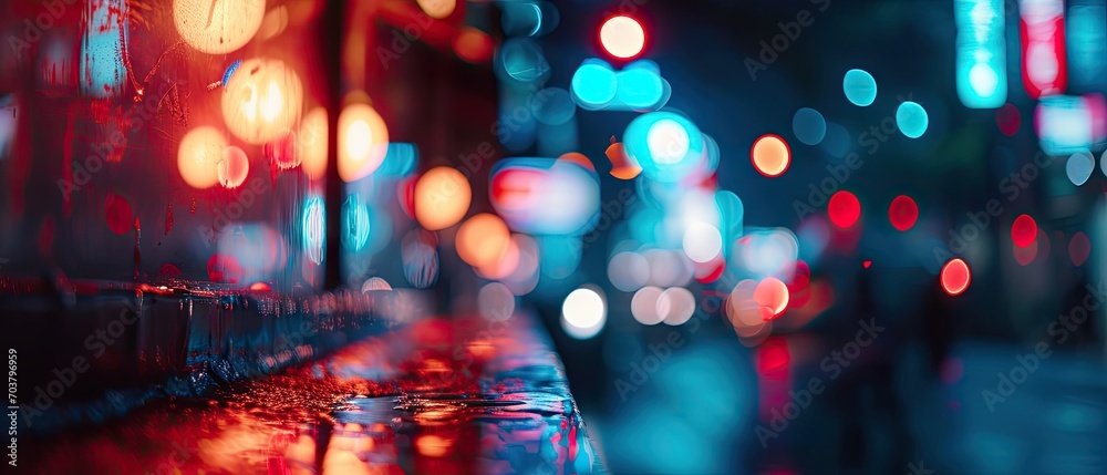 bokeh of the car lights on the street at night, neon light, wet street, cyberpunk style