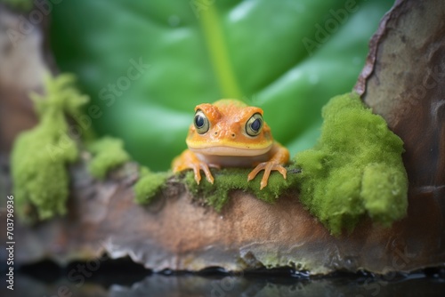 newt on a rock framed by green leaves