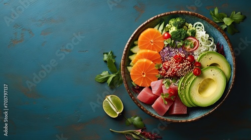 Hawaiian tuna poke bowl with orange slices, avocado, sesame seeds and cabbage isolated on dark blue wooden background, top view photo