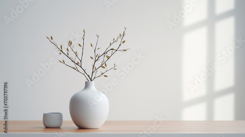 A white vase with a branch of white flowers on a table.