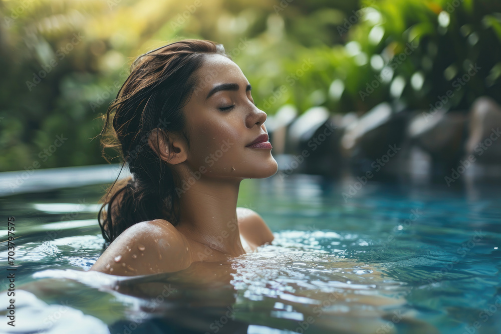 Beautiful young woman relaxing in spa swimming pool