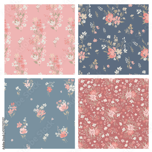 Contemporary spring floral pattern with natural flowers on suburban lawn for digital texture and dress in millefleur style ,ornate vector template
