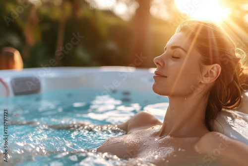 Beautiful young woman relaxing in spa swimming pool