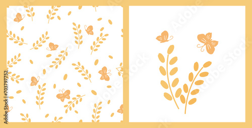 Seamless pattern with rice plant, seed, and butterfly cartoons on yellow background vector.