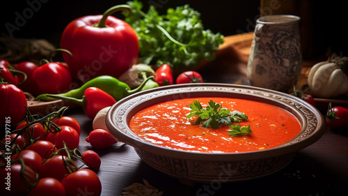 Gazpacho soup. Traditional spanish cold tomato soup of fresh raw vegetables with cooking