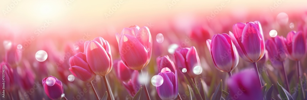 Dawn's Gentle Kiss on Blushing Pink Tulips by the Lake. Generative AI