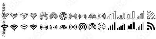 Signal set vector icons. Radio signals waves and light rays, radar, wifi, antenna and satellite signal symbols. Wireless technologys. Vector illustration.