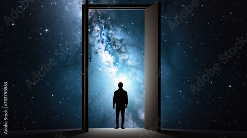 Human silhouette standing in front of open door and looking into space galaxy background. Magic portal to another world. Concept of dreams and freedom. photo