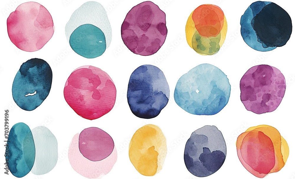 Vibrant collection of watercolor paint drops, perfect for backgrounds, textures and creative design elements