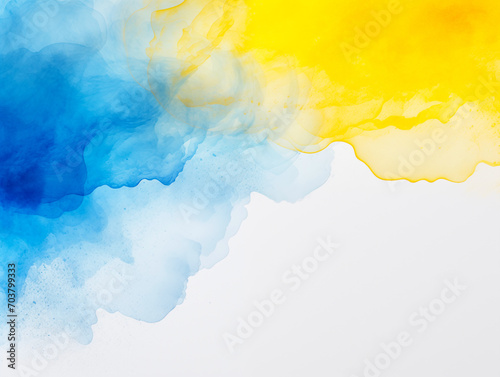 Blue and yellow watercolor stains on white paper background