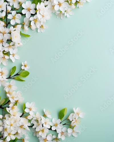 Spring border background with white flowers, flat lay , copy space - generative ai photo