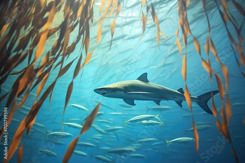 tiger shark roaming through kelp forest