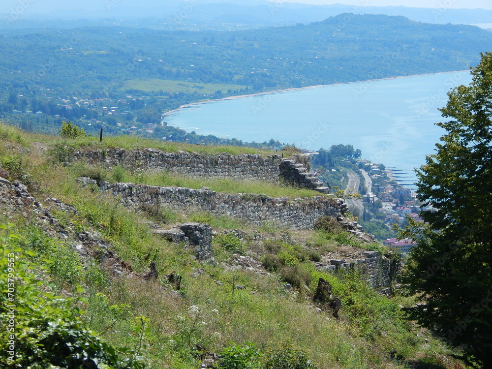Coastline view from ancient Anacopia Fortress ruins, Abkhazia, Georgia, New Athos
