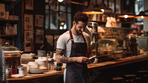 Portrait of caucasian barista guy wearing apron smiling and typing on mobile phone