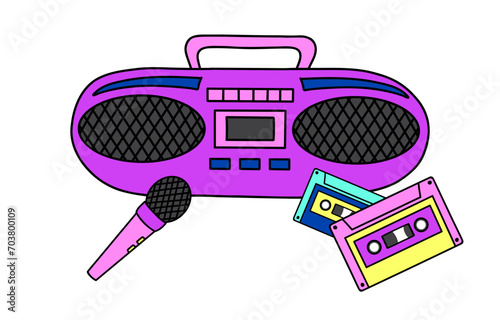 Retro tape recorder with cassettes and microphone. Portable stereo boombox. Pop culture 90s concept. Vector illustration