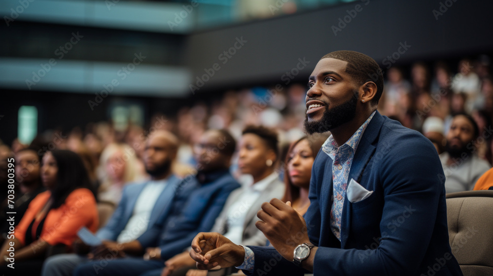 Confident black businessman. Black business man as a seminar attendee asking question while sitting in audience. - obrazy, fototapety, plakaty 
