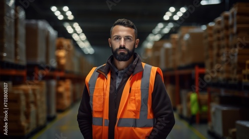  A man wearing an orange vest stands confidently in a warehouse, suggesting an organized and industrious work environment.