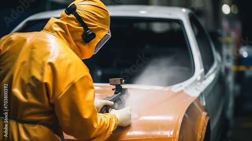A car service worker coats a car with varnish using compressor. Automotive paint services. photo