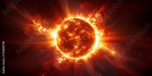 Surface of sun with prominences, solar radiation. Hyper-realistic image of the sun's surface showcasing the raw power of erupting solar flares .