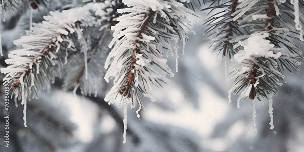 Snow And Ice coated Spruce Branches With Frozen Droplets Of Water Photo Background .The Winter Impression Into The Frosty Afternoon Winter Background Image Photo .