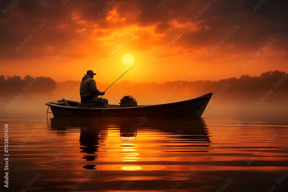 The man sits in the boat and fishes in the lake during a beautiful sunset 