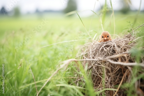 well-camouflaged vole nest in a meadow