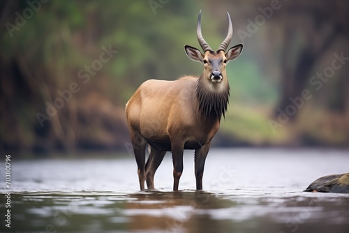 waterbuck standing on river island photo