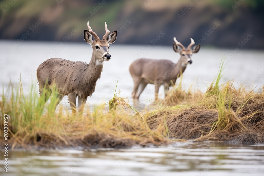waterbucks grazing on riverbank grass waterbucks grazing on riverbank grass